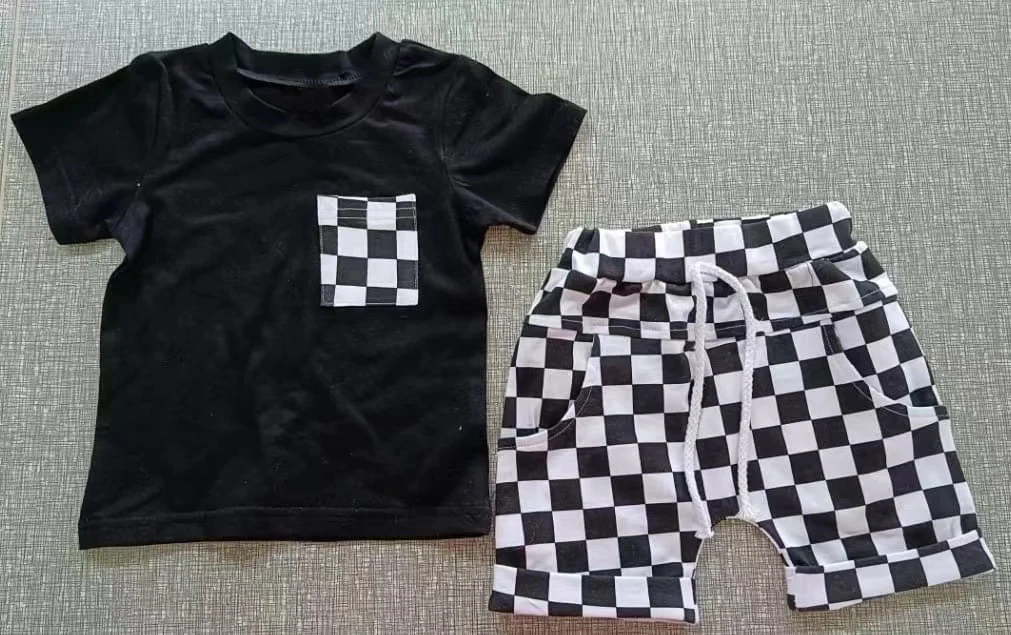 Moq 3 Pre-order BSSO0753 Baby Boy Black Short Sleeves Shirts Checkered Pocket Shorts Summer Set