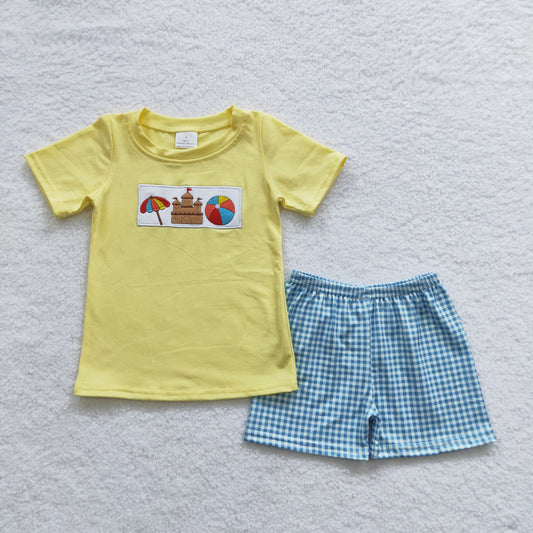 BSSO0248 Baby Boy Short Sleeves Embroidery Castle Shirt Plaid Shorts Summer Outfit