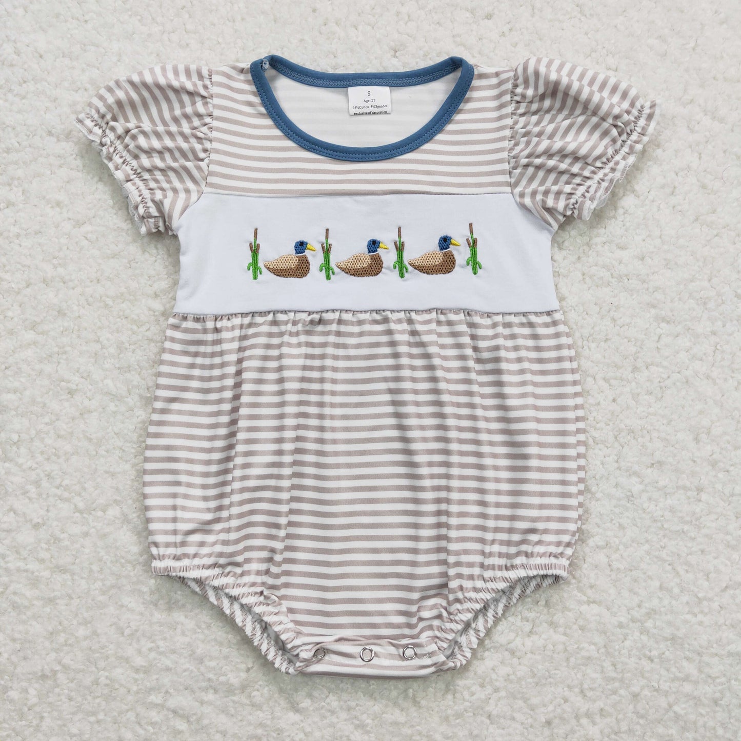 Baby Boy Short Sleeves Embroidery Ducks Stripes One Piece Romper