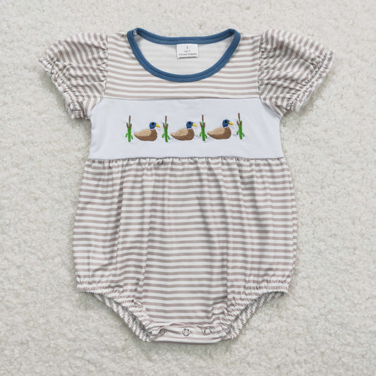 Baby Girl Short Sleeves Embroidery Ducks Stripes Bubble One Piece Romper