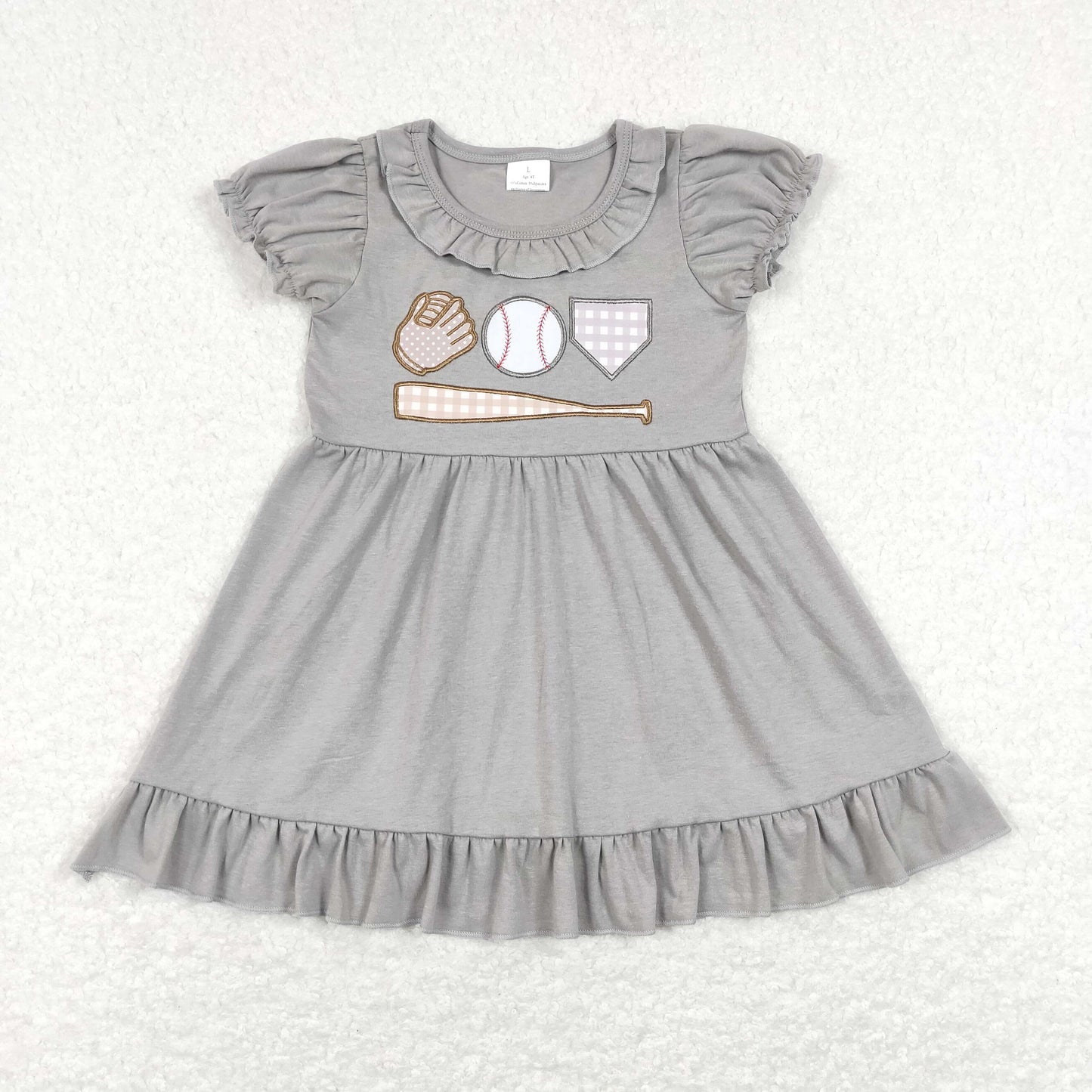 GSD0574 Baby Girl Short Sleeves Embroidery Baseball Grey Cotton Dress