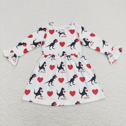 6 A23-1 Baby Girl Long Sleeves Dinosaurs Hearts Valentine's Day Dress