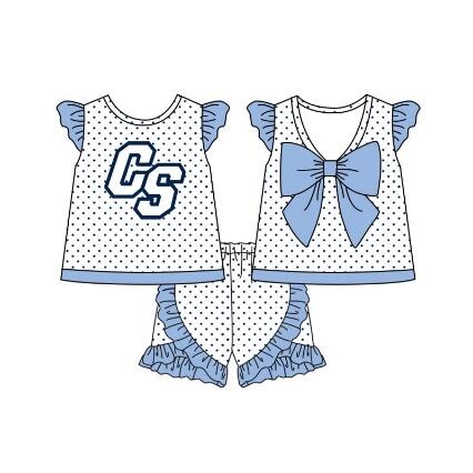 baby girl short sleeves blue bow dots tops shorts team set