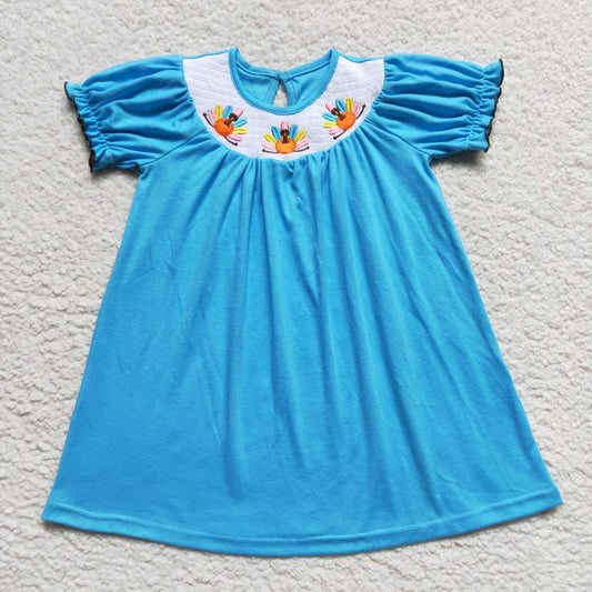 GSD0436 Thanksgiving Pre-order Baby Girl Embroidery turkey Smocked Blue Dress