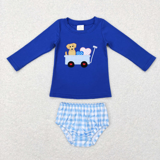 GBO0192 Baby Boy Valentine's Day Embroidery Dog Heart Plaid Bummie Shorts Blue Set