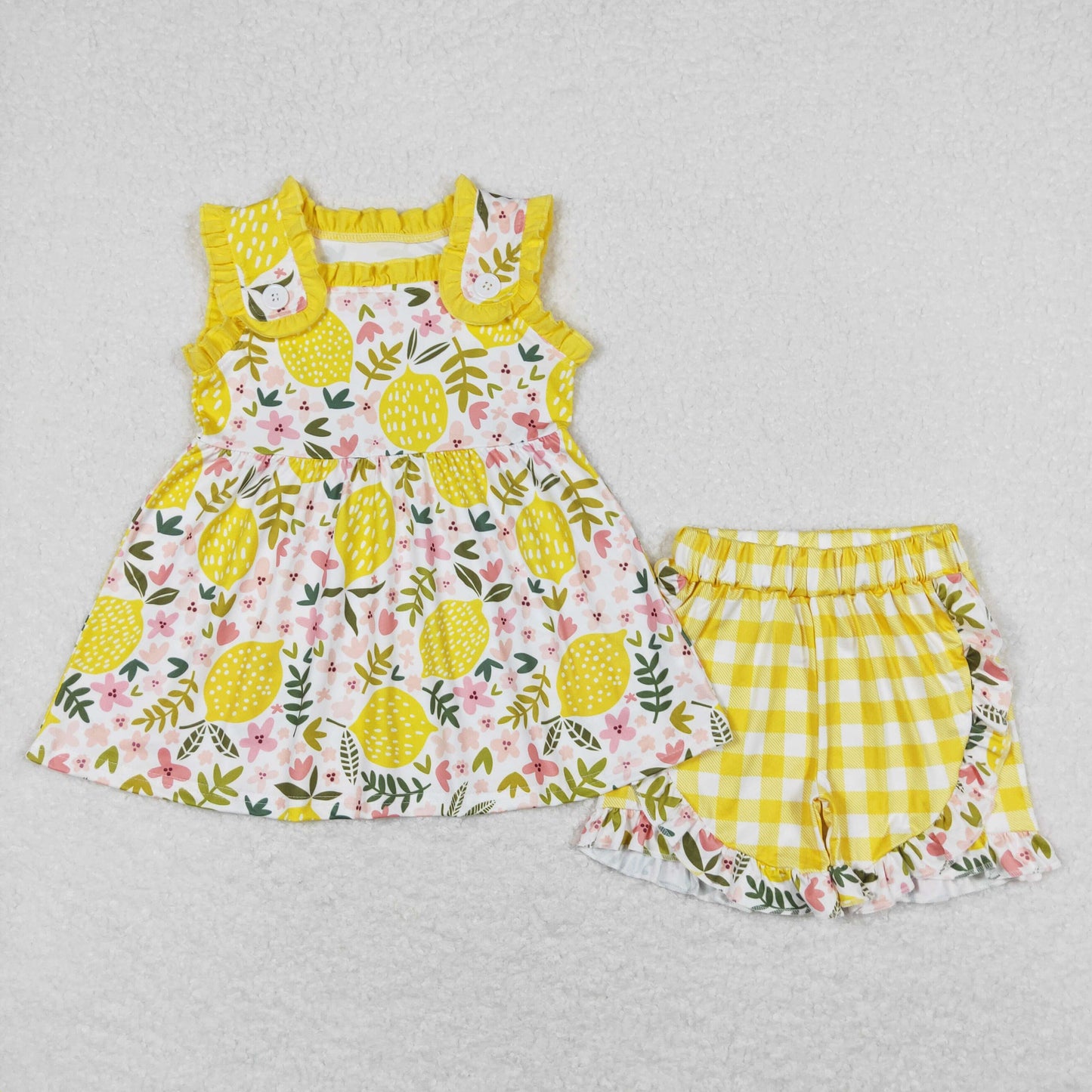 Baby Girl Sleeveless Lemon Floral Tops Yellow Plaid Shorts Set