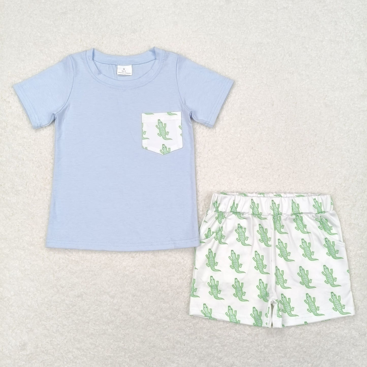 Baby Boy Blue Short Sleeves Shirt Crocodile Pocket Shorts Set