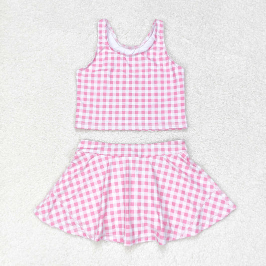 Baby Girl Sleeveless Pink Plaid Tops Skirts Shorts Set