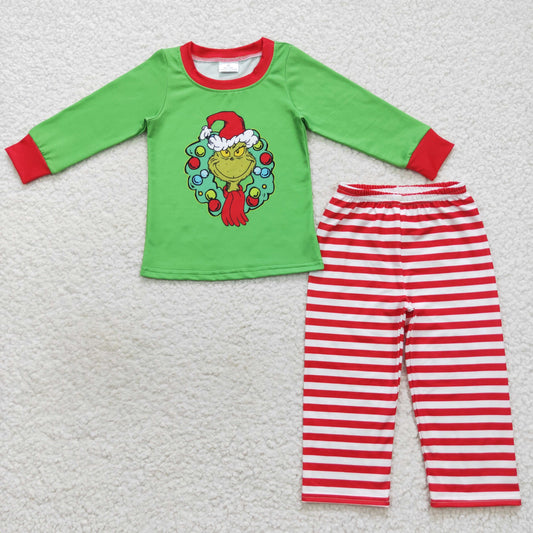 BLP0289 Baby Boy Long Sleeves Red Stripes Pants Christmas Face Pajamas Outfit