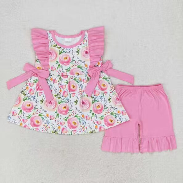 Baby Girl Short Sleeves Flower Tops Pink Shorts Set