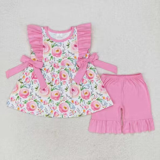 Baby Girl Short Sleeves Flower Tops Pink Shorts Set