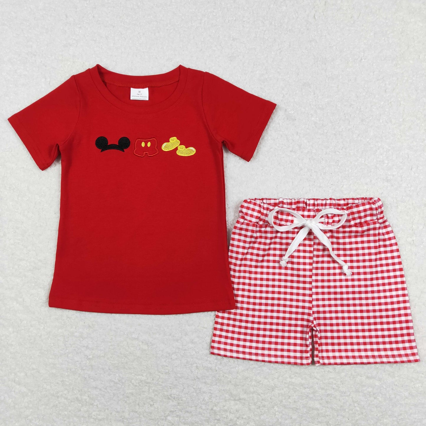 BSSO0416 Baby Boy Red Short Sleeves Embroidery Cartoon Shirt Plaid Shorts Set