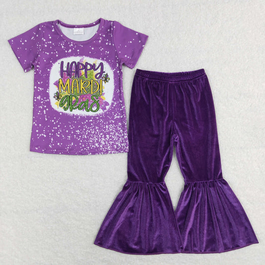 GSPO1280 Baby Girl Short Sleeves Purple Tops Velvet Bell Pants Mardi Gras Set