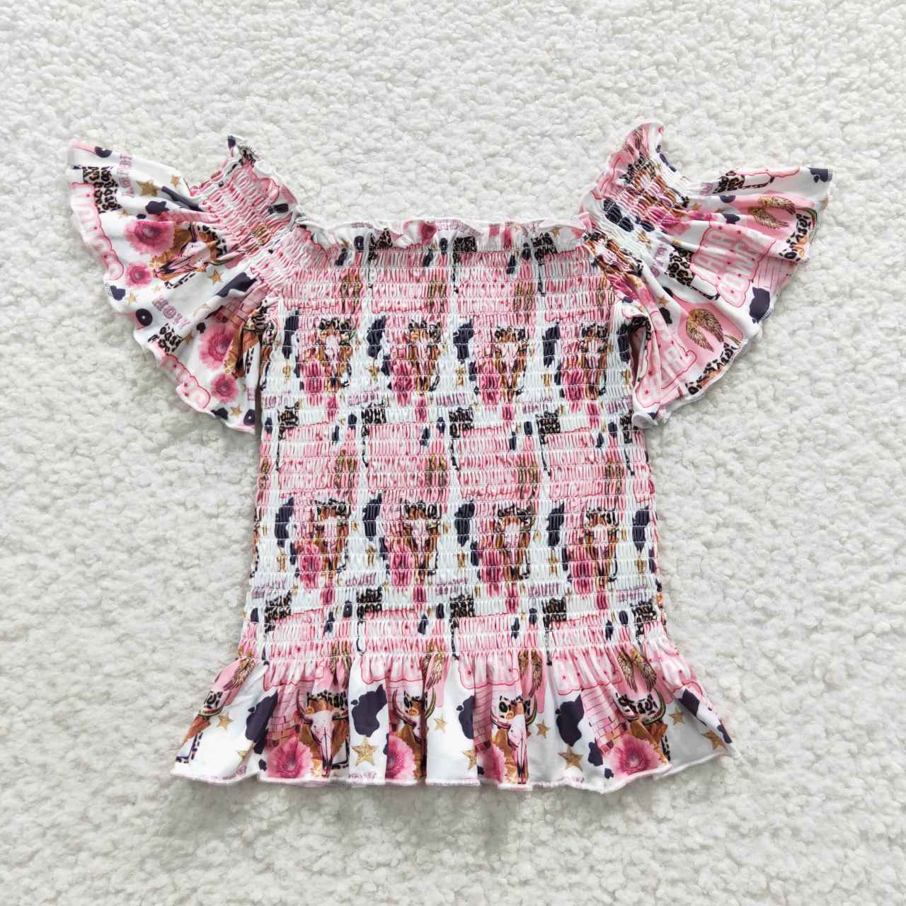 GT0183 Western Cow Floral Baby Girl Off Shoulder Smocked Tops