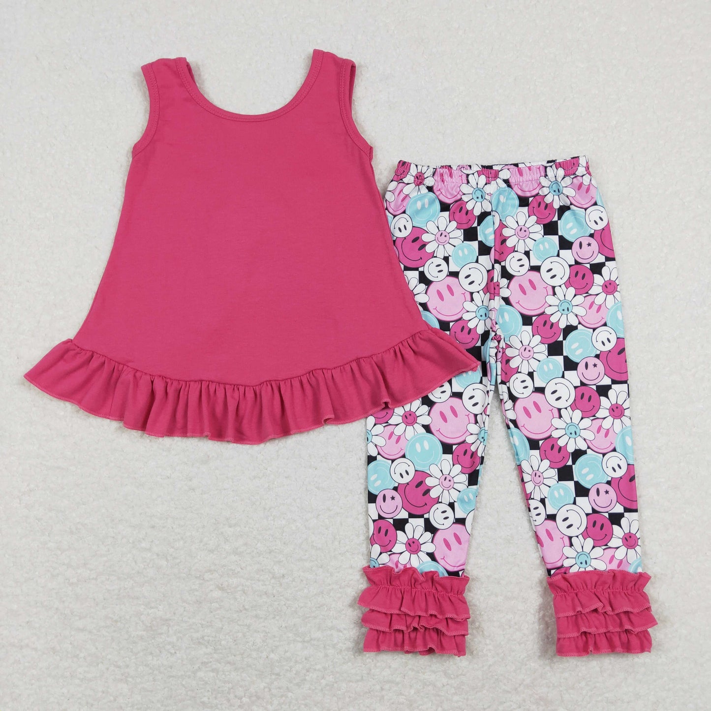 GSPO1098 Baby Girl Cotton Sleeveless Open Back Top Floral Face Ruffle Pants Outfit
