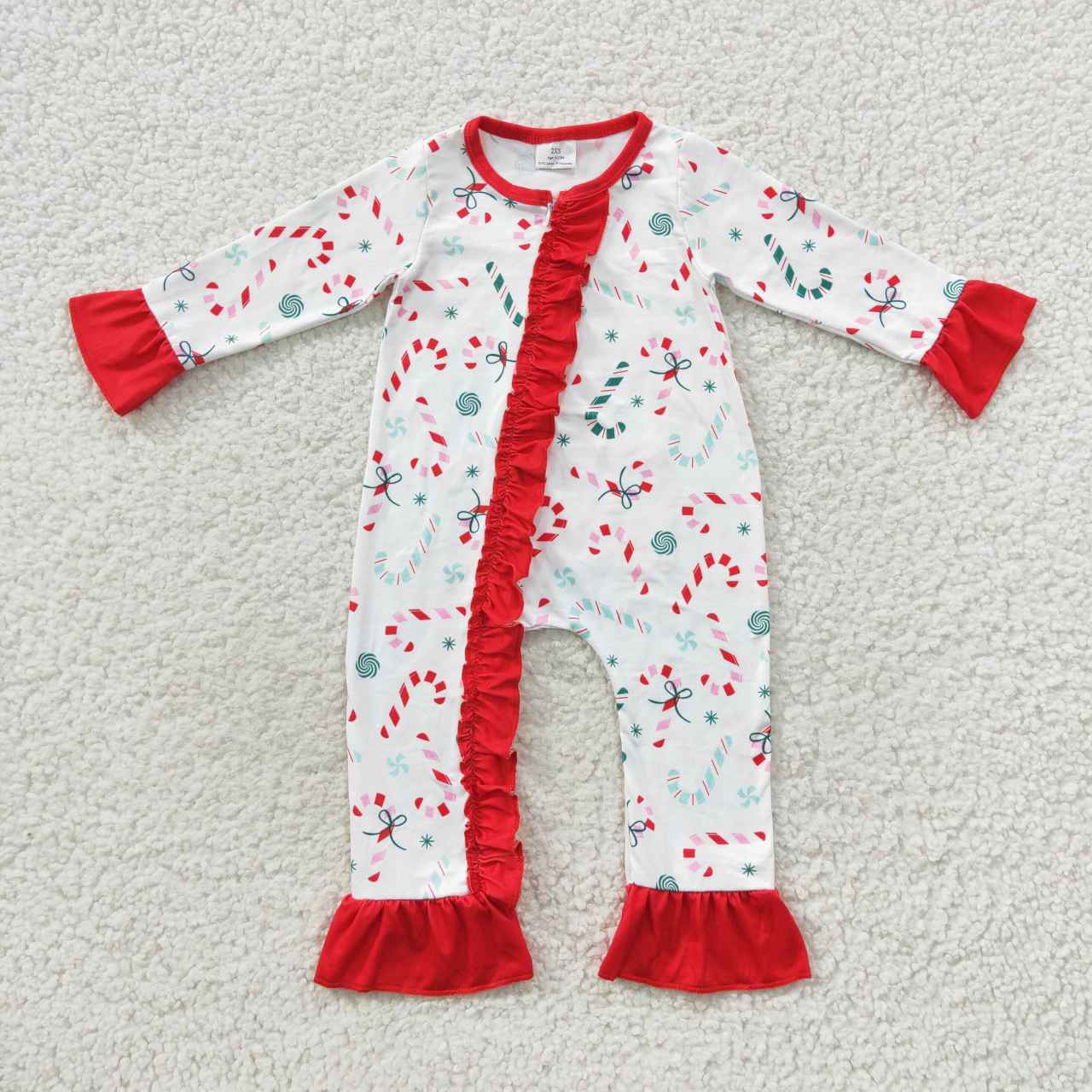 LR0501 Baby Girl Long Sleeves Christmas Candy Cane One Piece Romper