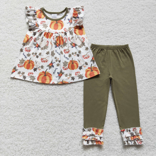 GSPO0837 Baby Girl Short Sleeves Pumpkin Shirt Ruffle Pants Fall Outfit