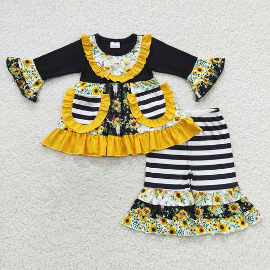 6 A27-26 Baby Boy Long Sleeves Sunflower Cow Pocket Tunic Bell Pants Outfit