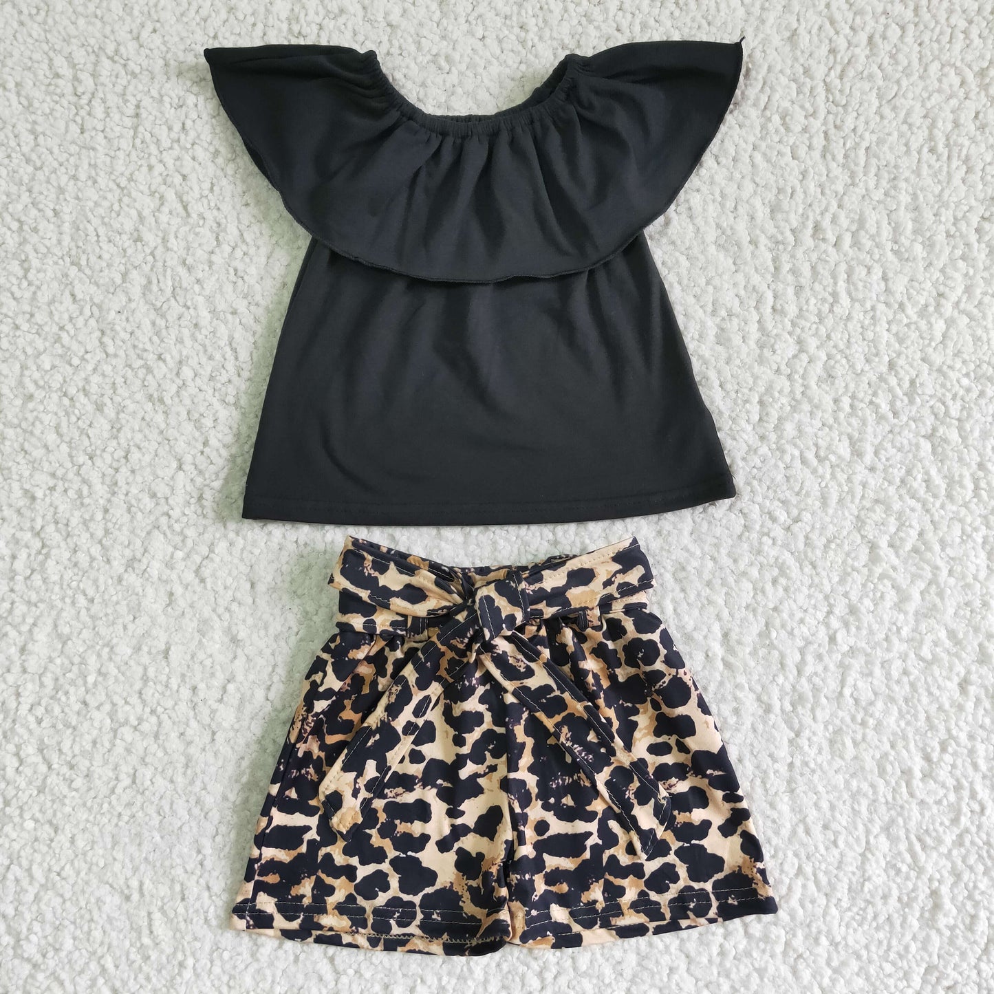 Promotion Baby Girl Summer Black Cotton Tops Leopard Shorts Outfit