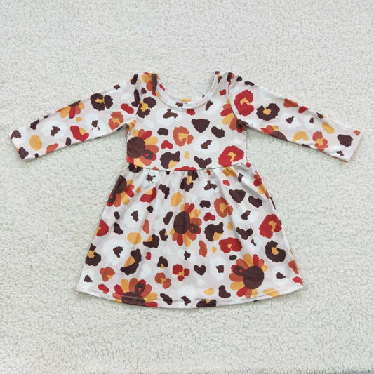 GLD0320 Baby Girl Thanksgiving Long Sleeves turkey Leopard Dress