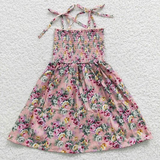 GSD0376 Baby Girl Summer Halter Sleeveless Elastic Smocked Floral Dress