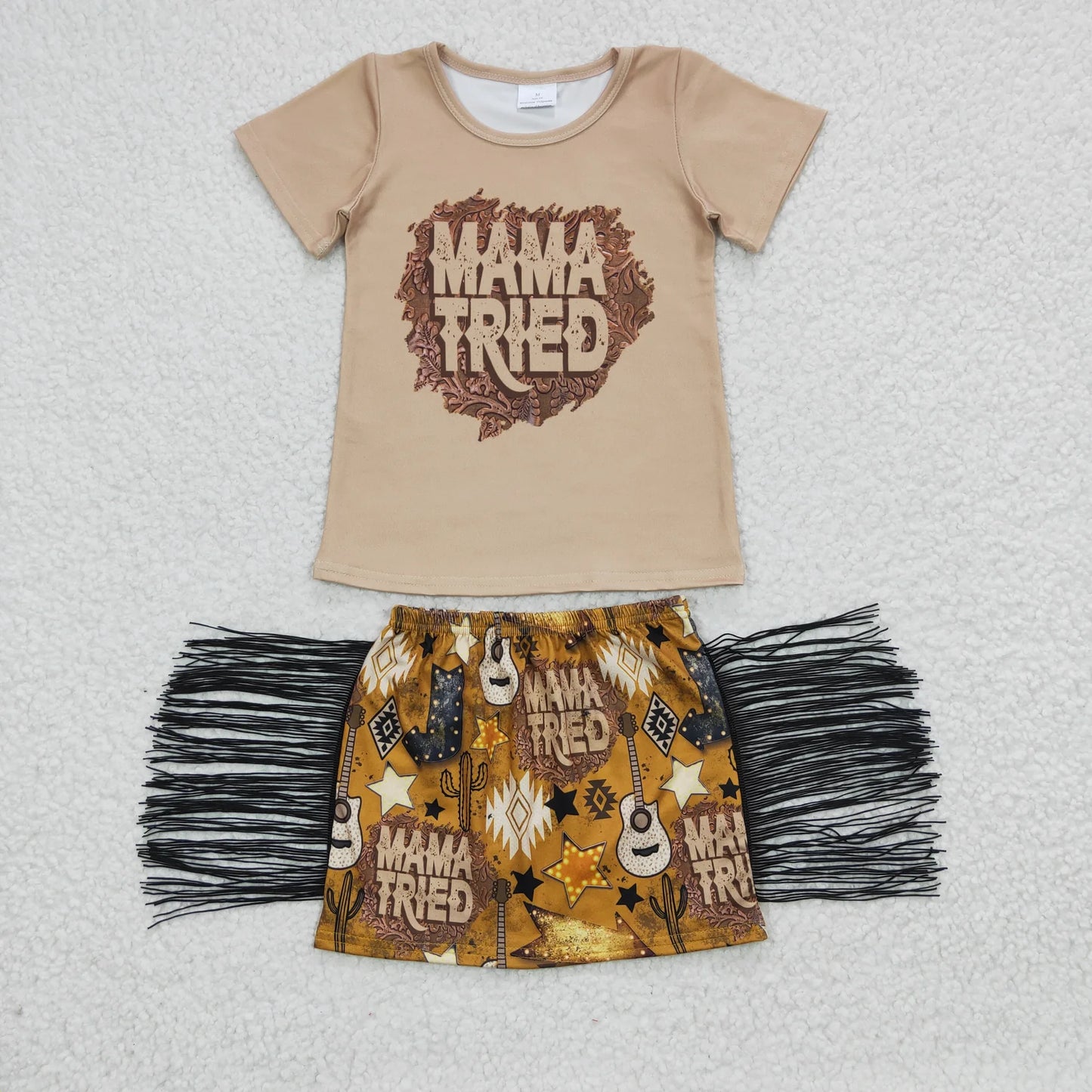 Promotion Baby Girl Summer Short Sleeves Mama Tried Tassel Skirt Western Outfit RTS