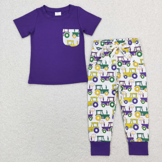 BSPO0278 Baby Boy Purple Shirt Tractor Pocket Pants Mardi Gras Set