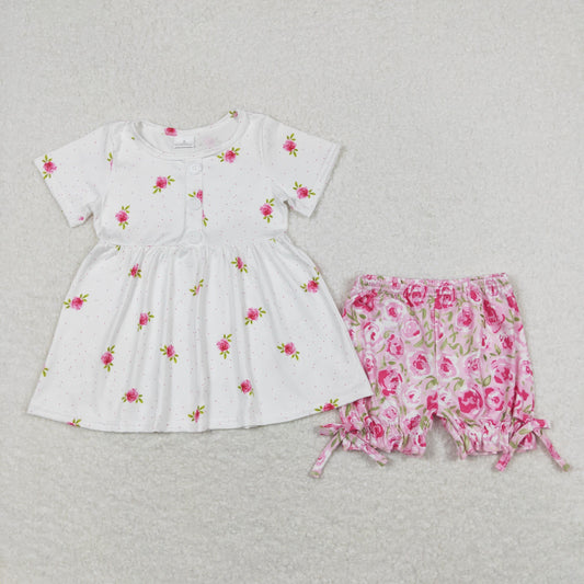Baby Girl White Short Sleeves Tunic Floral Shorts Flower Set