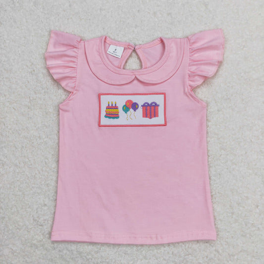 Baby Girl Short Sleeves Embroidery Cake Balloon Birthday Pink Tops Shirt