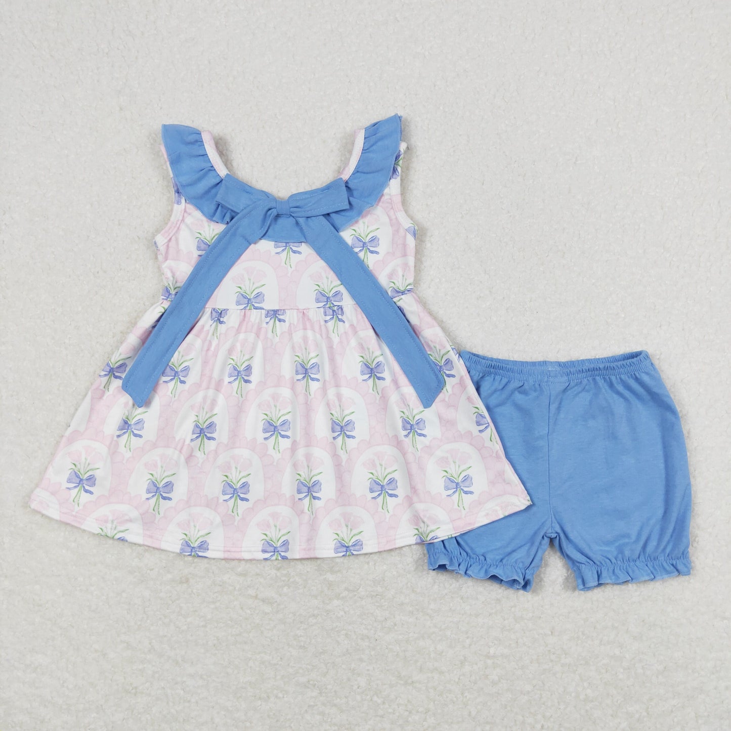 Baby Girl Sleeveless Floral Tunic Blue Cotton Shorts Set