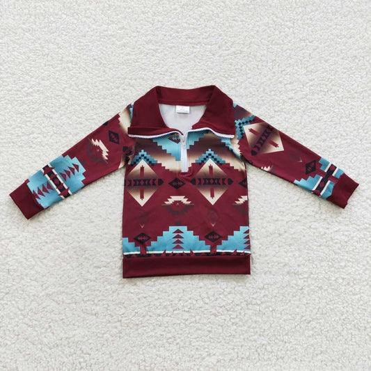 BT0228 Baby Boy Western Aztec Long Sleeves Zipper Shirt