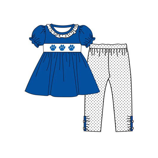 Baby Girl Short Sleeves Blue Tunic Dots Pants Team Set