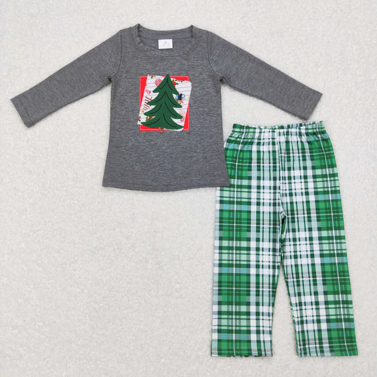 BLP0351 Baby Boy Long Sleeves Embroidery Christmas Tree Plaid Pants Pajamas Outfit