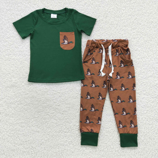 BSPO0155 Baby Boy Green Short Pocket Shirt Duck Pants Outfit