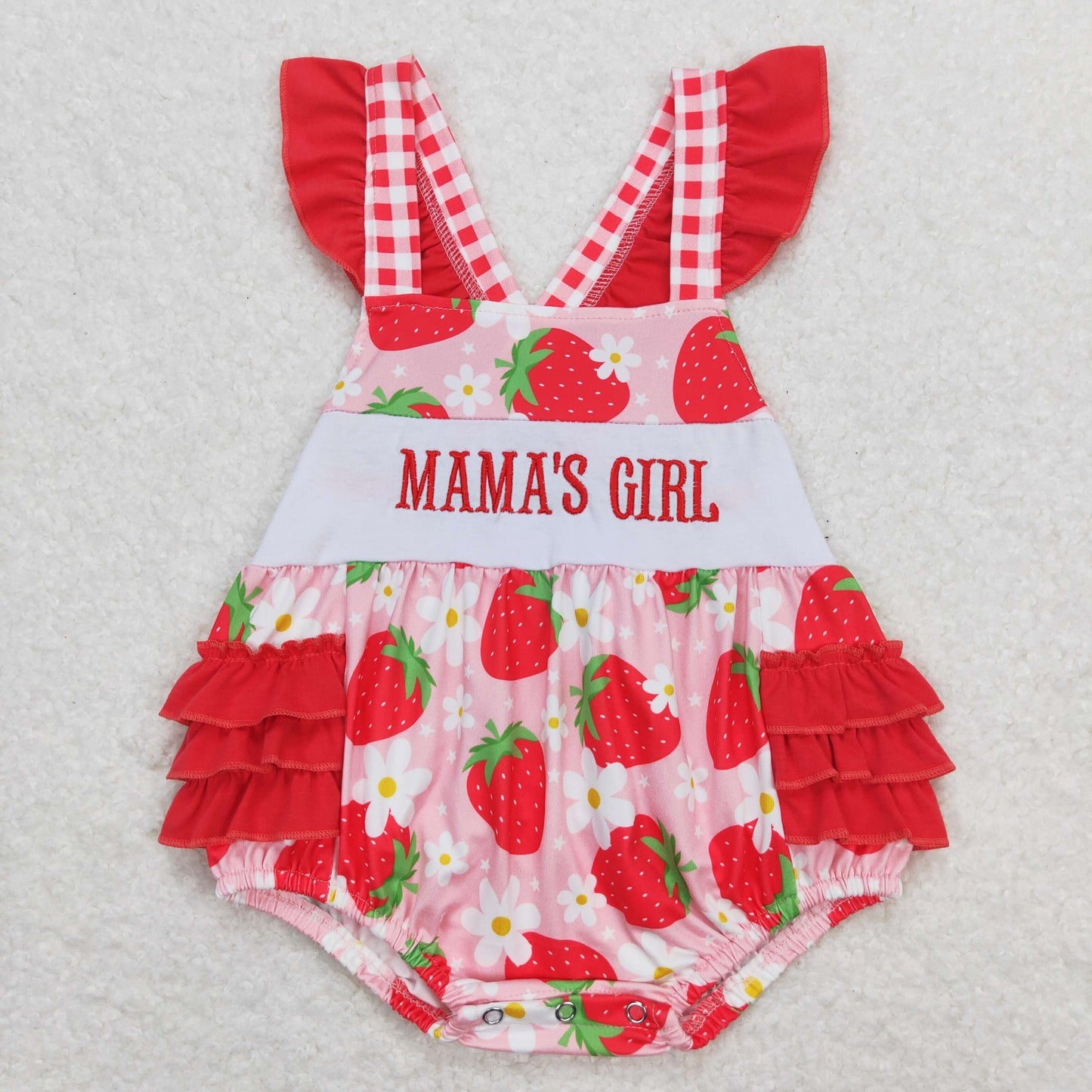 Baby Kids Strawberry Floral Embroidery Mama's Girl Ruffle One Piece Romper