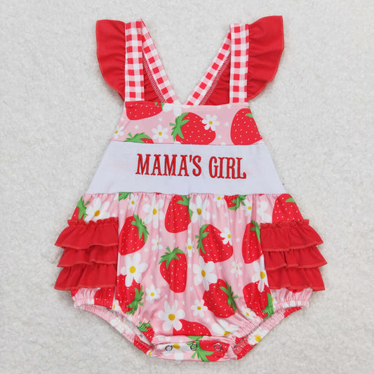 Baby Kids Strawberry Floral Embroidery Mama's Girl Ruffle One Piece Romper