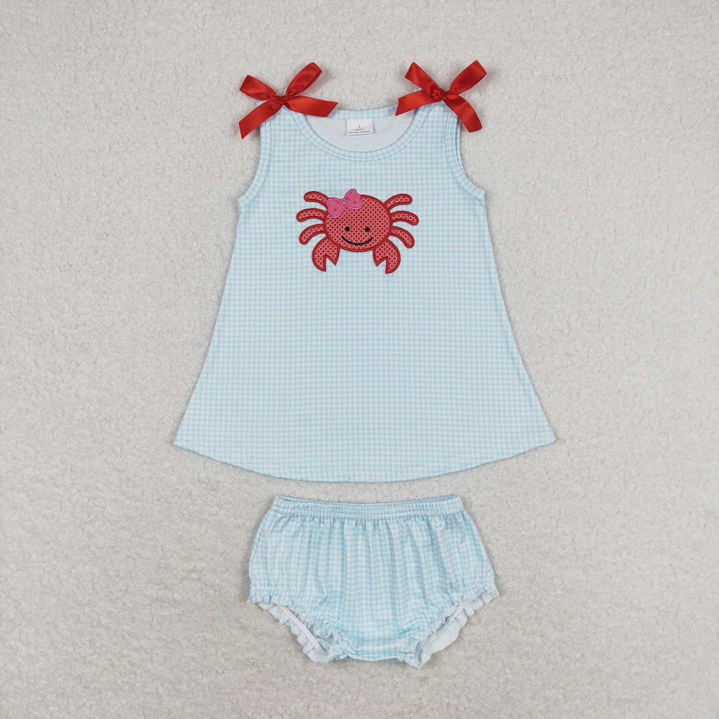 Baby Girls Embroidery Crab Blue Plaid Tops Bummie Shorts Set