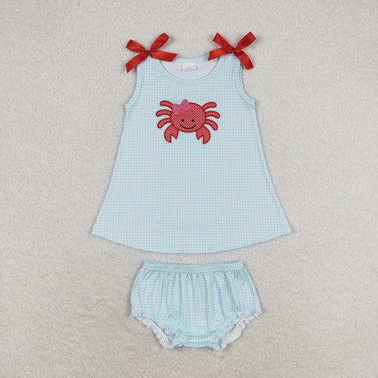 Baby Girls Embroidery Crab Blue Plaid Tops Bummie Shorts Set