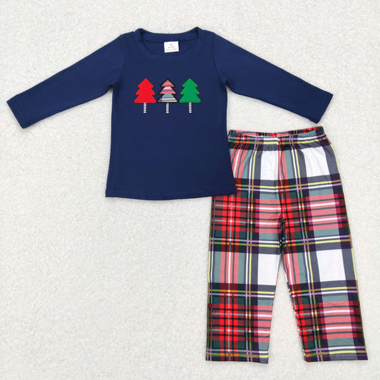 BLP0352 Baby Boy Christmas Long Sleeves Embroidery Tree Plaid Pants Outfit Pajamas