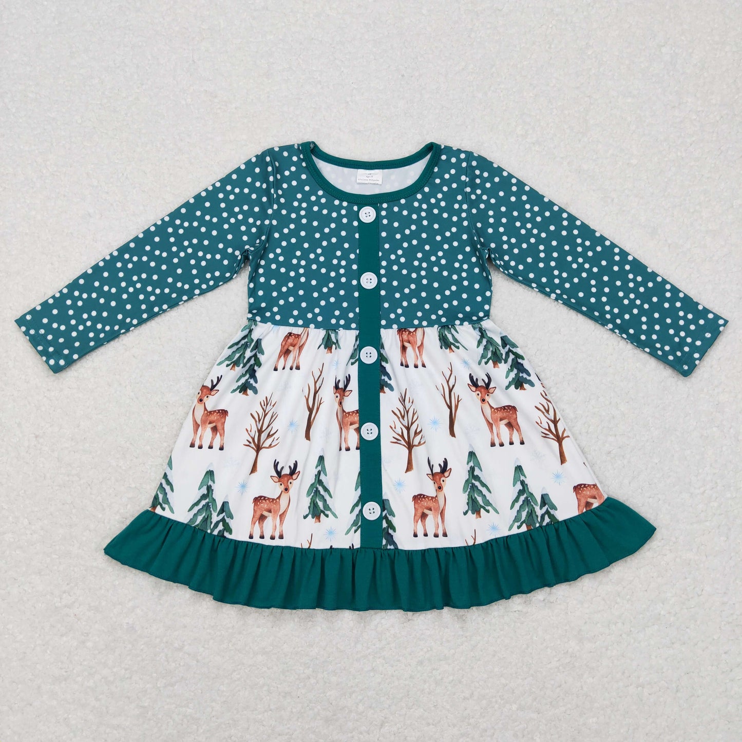 GLD0429 Baby Girl Christmas Long Sleeves Tree Deer Dress