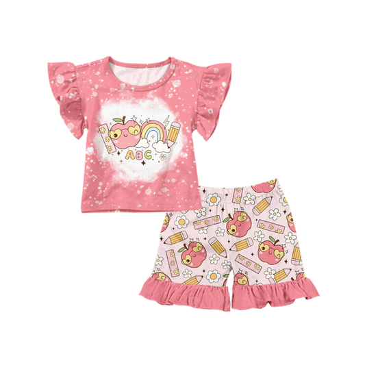 Moq 5 Pre-order Baby Girl Short Sleeves Pink Shirt Apples Pencil Floral Shorts Back To School Set