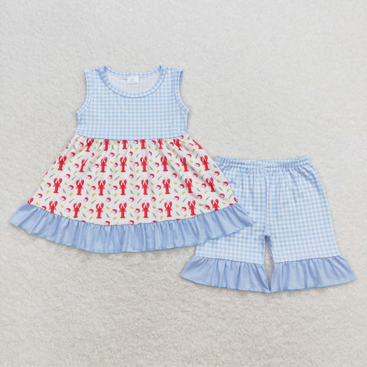 Baby Girl Sleeveless Crawfish Tunic Blue Plaid Shorts Summer Set
