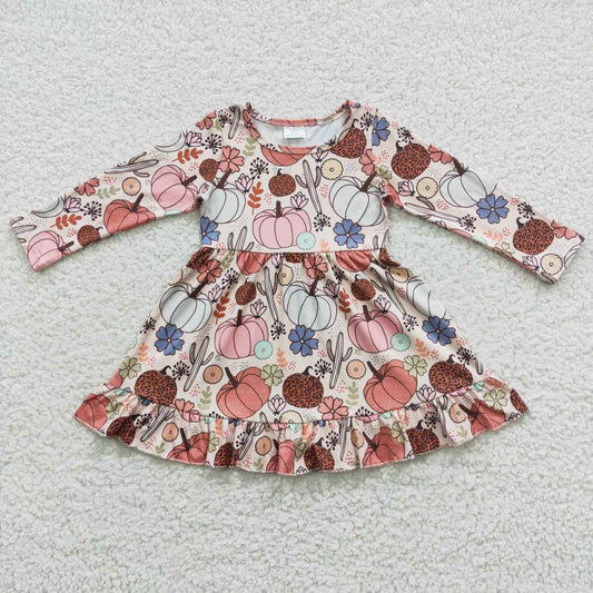 GLD0255  Baby Girl Long Sleeves Pumpkin Floral Cactus Dress