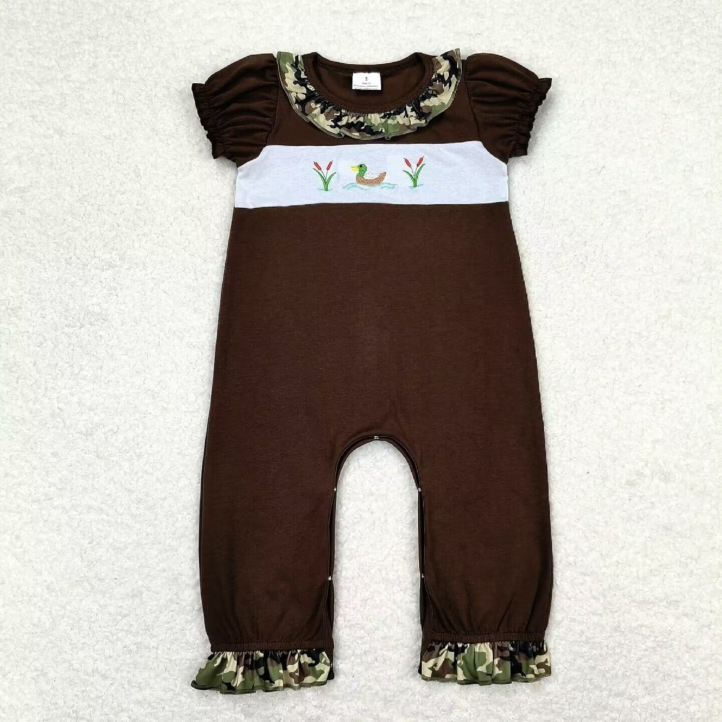 Baby Girl Short Sleeves Embroidery Ducks Camo One Piece Romper