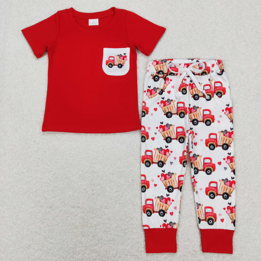 BSPO0267 Valentine's Day Baby Boy Red Short Sleeves Shirt Hearts Trucks Pocket Pants Set