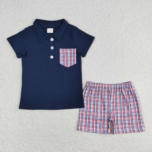 Baby Boy July 4th Navy Blue Short Sleeves Plaid Buttons Shorts Set