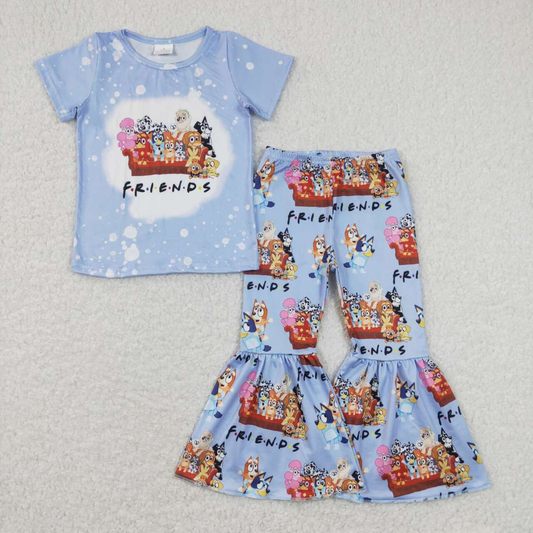 GSPO1286 Baby Girl Short Sleeves Friends Shirt Dogs Bell Pants Set