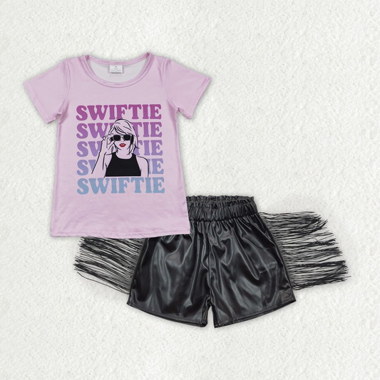 GSSO0650 Baby Girl Short Sleeves Shirt Black Leather Shorts Singer Set