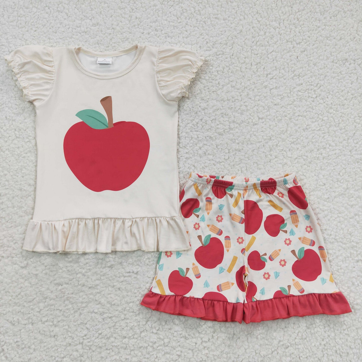 GSSO0359 Baby Girl Short Sleeves Apple Shirt Ruffle Shorts Summer Back To School Outfit