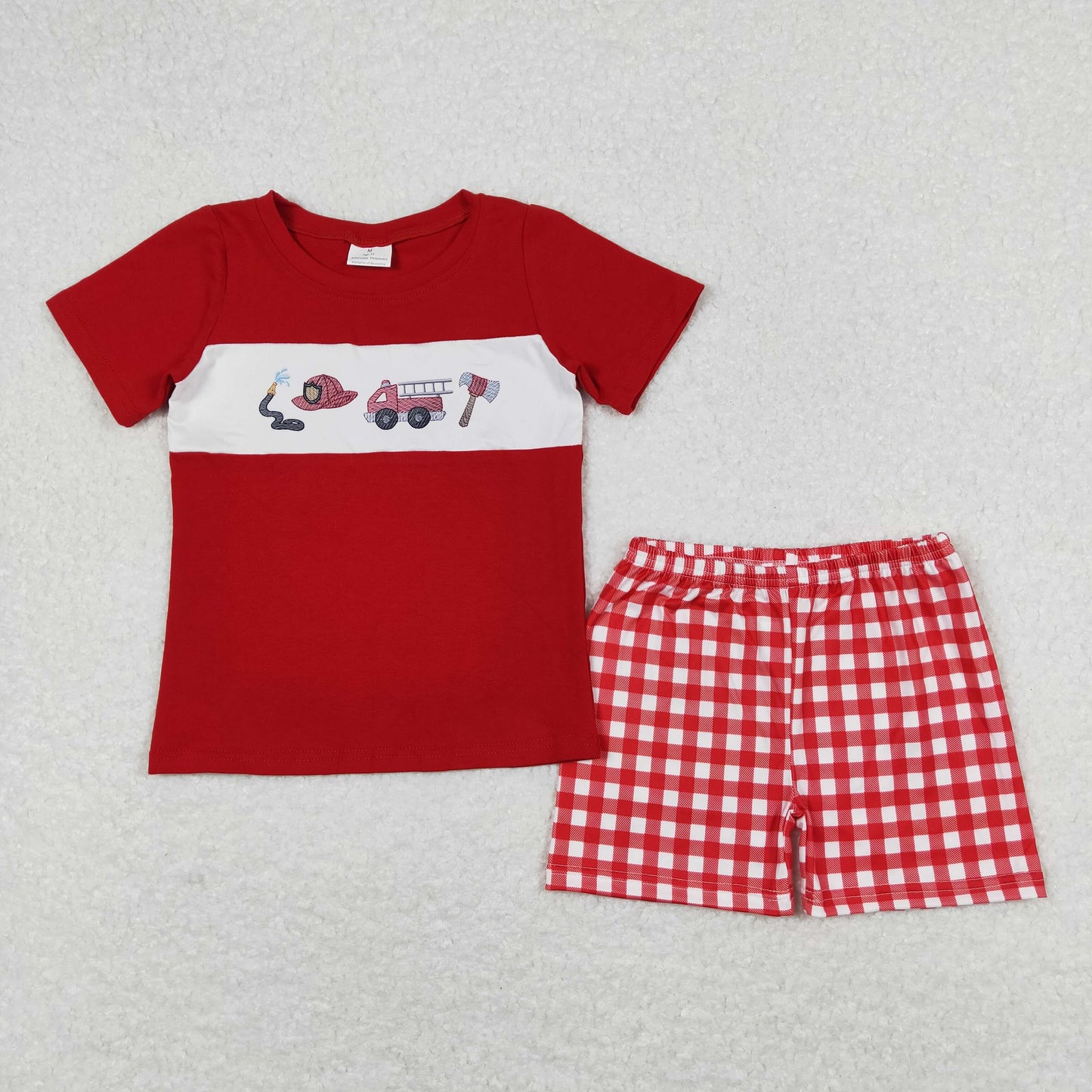 Baby Boy Red Short Sleeves Fire Truck Cotton Shirt Red Plaid Shorts Set